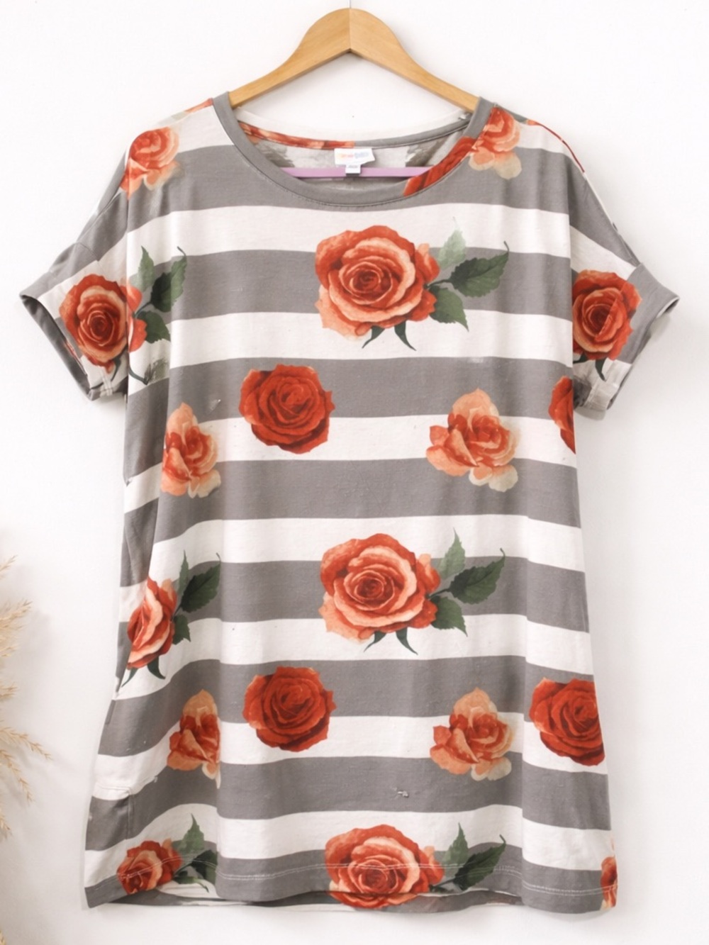 LuLaRoe Gray & White Striped Tee with Orange Rose Print